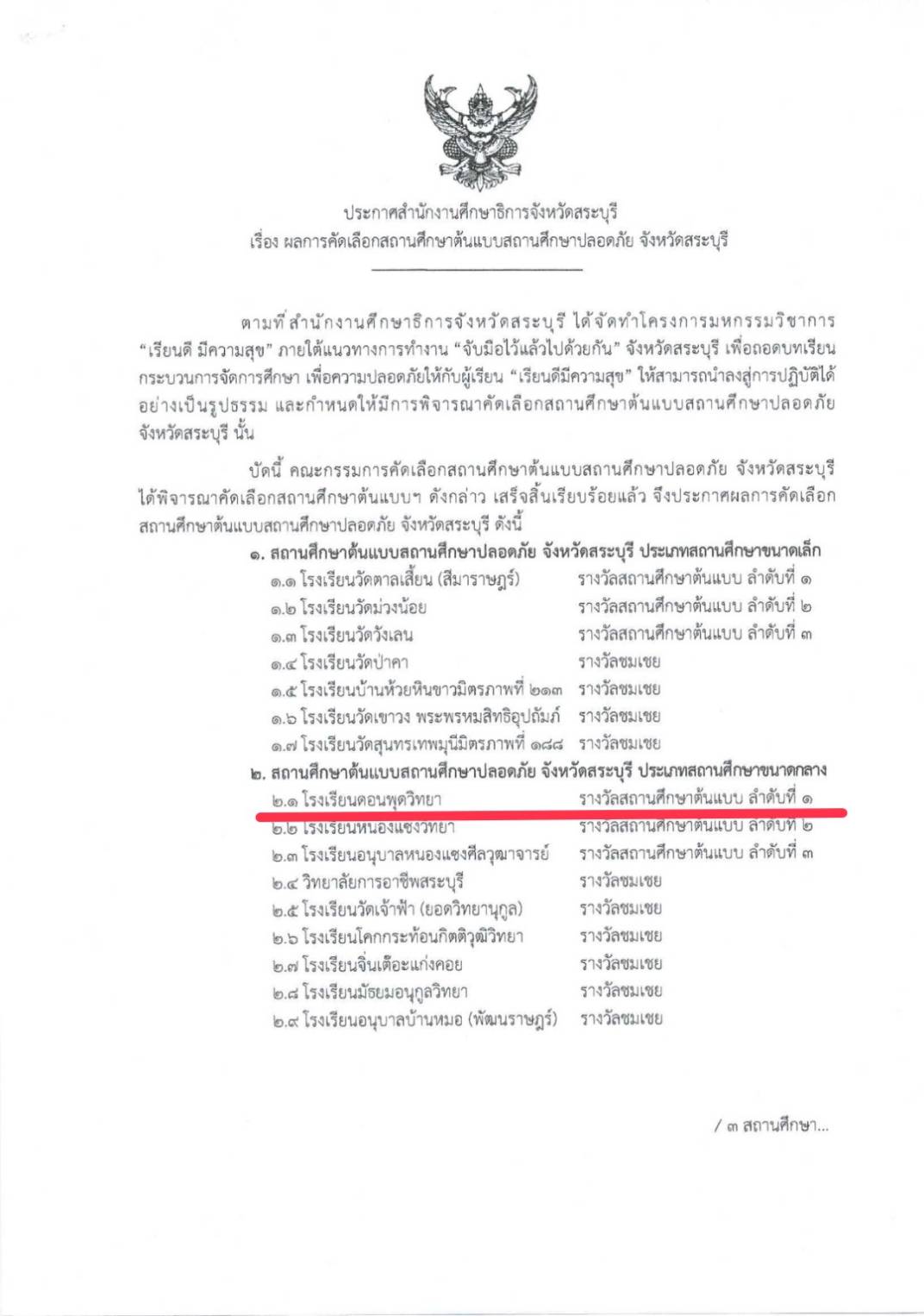รางวัลสถานศึกษาต้นแบบ สถานศึกษาปลอดภัย