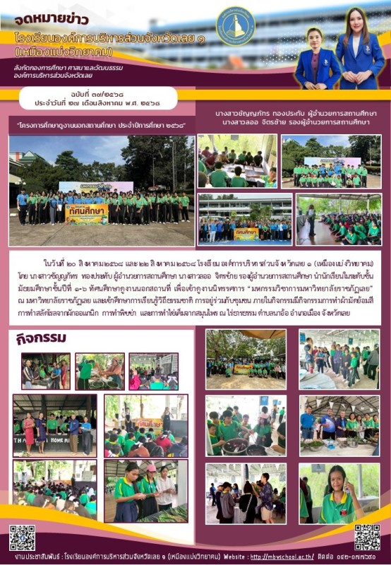 ทัศนศึกษาดูงานนอกสถานที่ เพื่อเข้าดูงานนิทรรศการ “มหกรรมวิชาการมหาวิทยาลัยราชภัฏเลย” ณ มหาวิทยาลัยราชภัฏเลย และเข้าศึกษาการเรียนรู้วิถีธรรมชาติ การอยู่ร่วมกับชุมชน ภายในกิจกรรมมีกิจกรรมการทำผ้ามัดย้อมสี  การทำสลัดโรลจากผักออแกนิก  การทำพิซซ่า  และการทำไข่