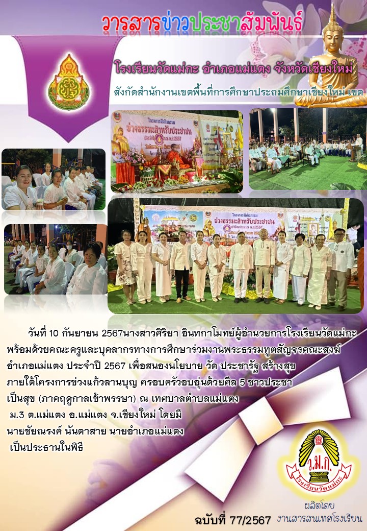 วันที่ 10 กันยายน 2567 นางสาวศฺริยา อินกาโมทย์ ผู้อำนวยการโรงเรียนวัดแม่กะ พร้อมด้วยคณะครูและบุคลากรทางการศึกษาร่วมงานพระธรรมทูตสัญจรคระสงฆ์อำเภอแม่แตง ประจำปี 2567 เพื่อสนองนโยบาย วัก ประชารัฐ สร้างสุข ภายใต้โครงการข่วงแก้วลานบุญ ครอบครัวอบอุ่นด้วยศีล 5 