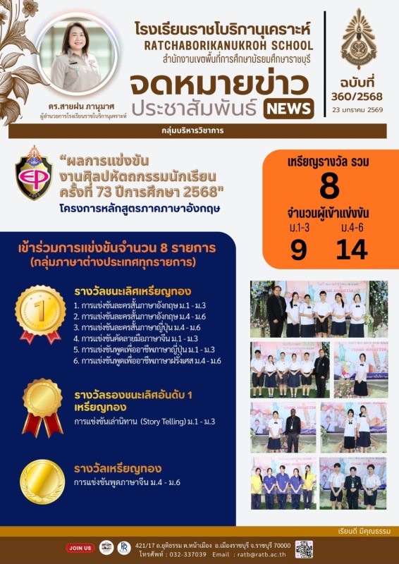 ผลการแข่งขันงานศิลปหัตถกรรมนักเรียนครั้งที่ 73 ปีการศึกษา 2568 โครงการหลักสูตรภาคภาษาอังกฤษ