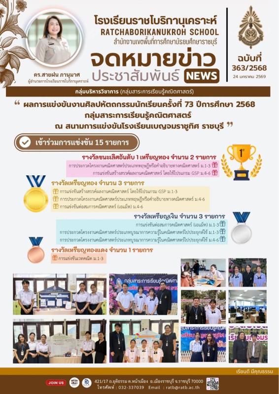 ผลการแข่งขันงานศิลปหัตถกรรมนักเรียนครั้งที่ 73 ปีการศึกษา 2568 กลุ่มสาระการเรียนรู้คณิตศาสตร์ ณ สนามการแข่งขันโรงเรียนเบญจมราชูทิศ ราชบุรี