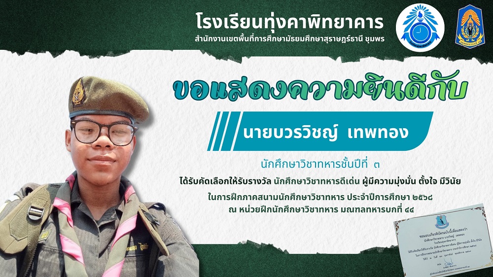 รางวัล นักศึกษาวิชาทหารดีเด่น ผู้มีความมุ่งมั่น ตั้งใจ มีวินัย ในการฝึกภาคสนาม